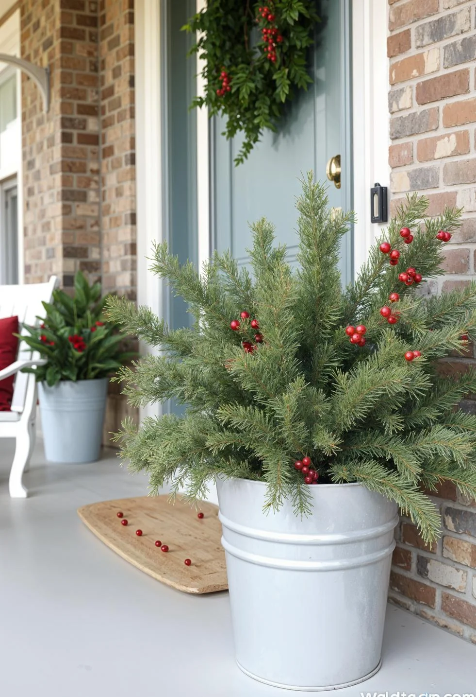 16 Unique Front Porch Christmas Decor Ideas for Holiday Season 39 8. Festive Pine-Filled Galvanized Buckets-2