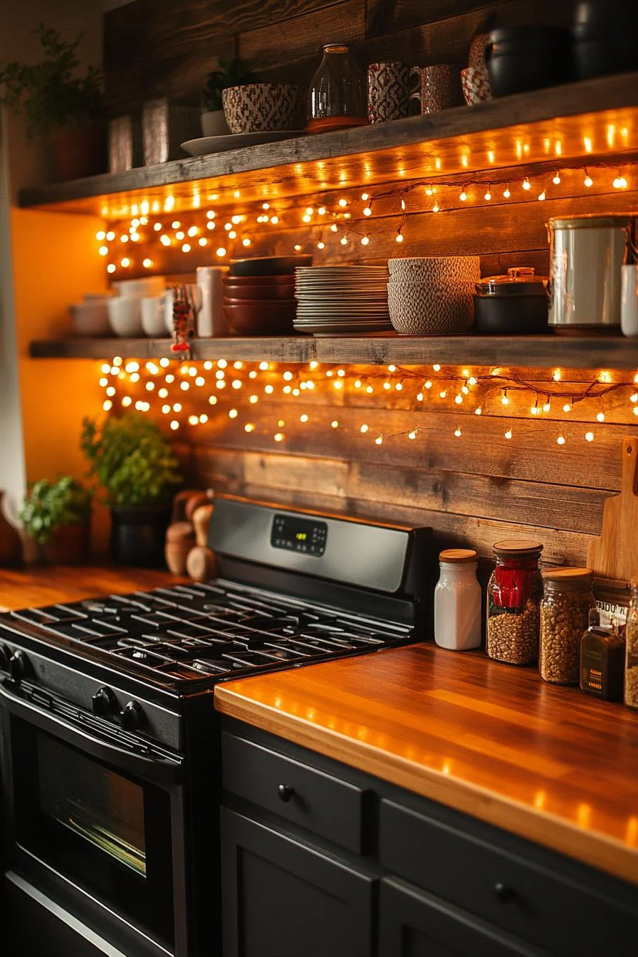 21 Gorgeous Kitchen Christmas Decor Ideas To Copy 82 19. Festive Shelf Fairy Lights-0