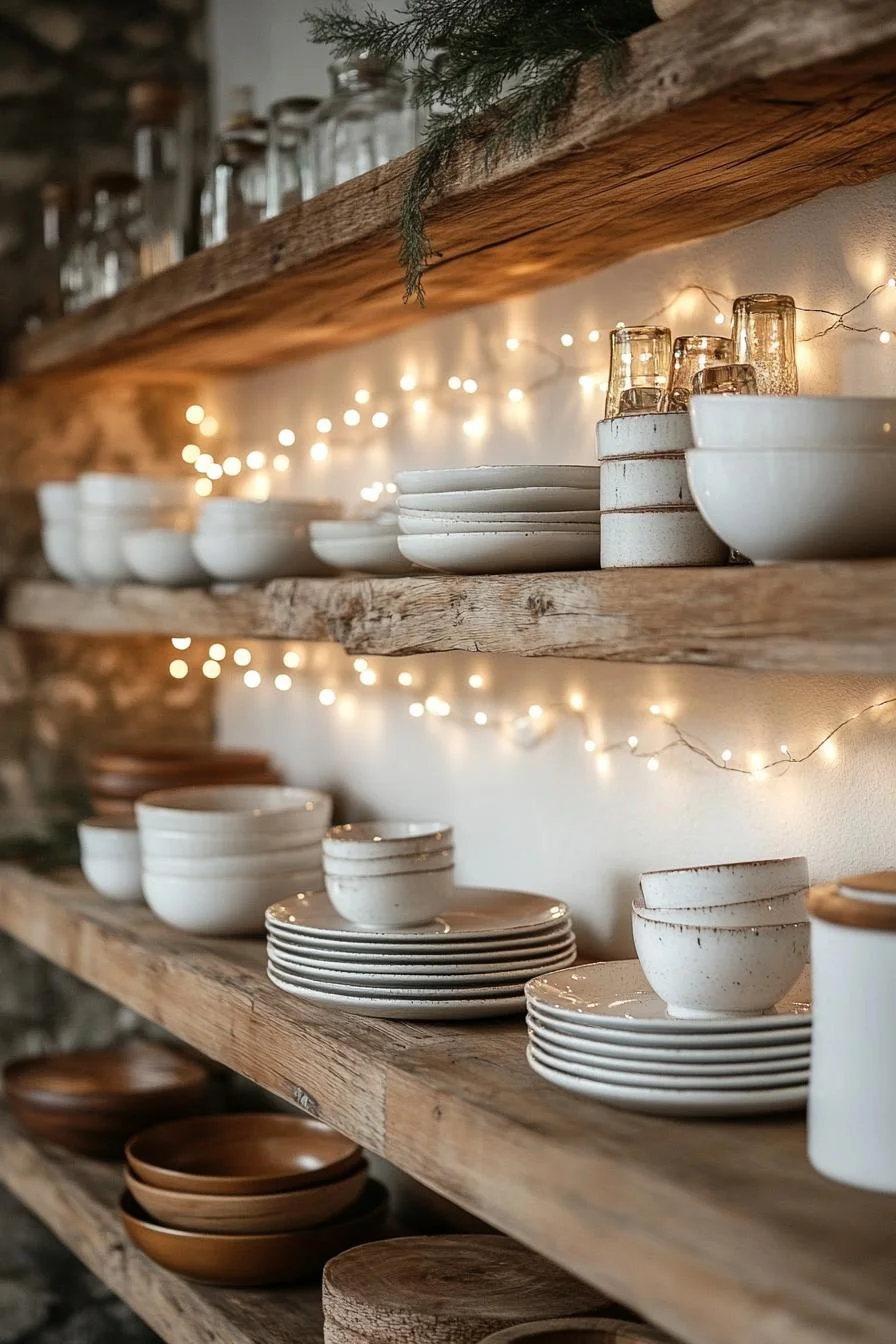 21 Gorgeous Kitchen Christmas Decor Ideas To Copy 83 19. Festive Shelf Fairy Lights-1