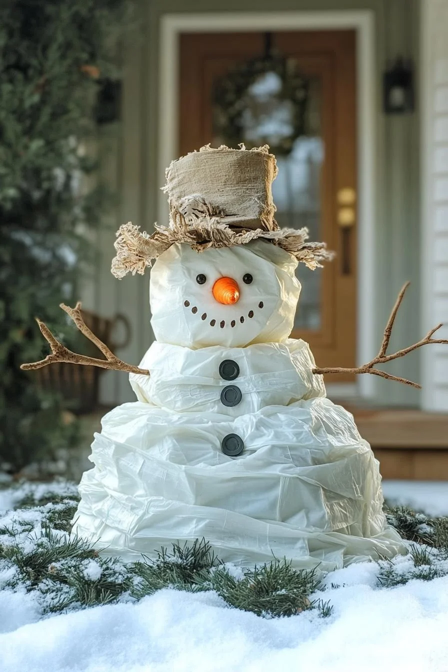 18 Creative Outdoor Christmas Decor Ideas For 2025 20 4. Festive Snowman Plastic Bag Craft-0