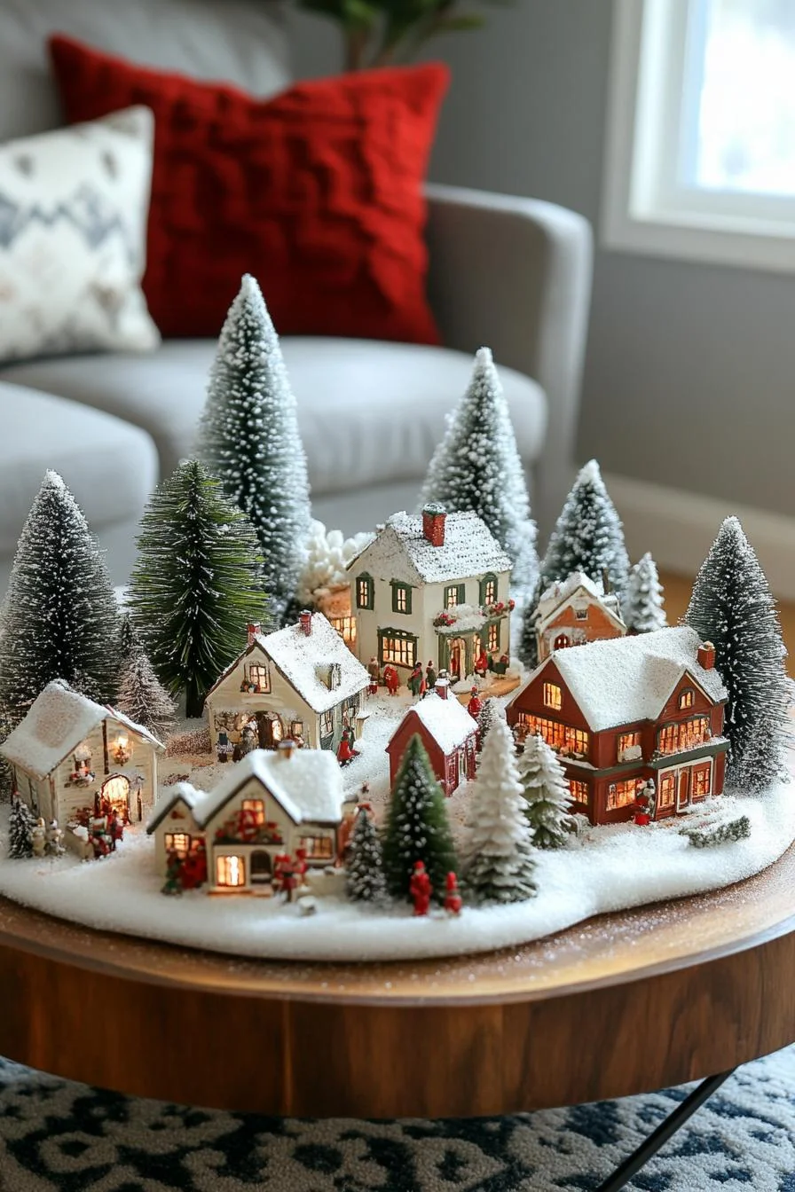 18 Unique Coffee Table Christmas Decor Ideas (EASY) 2 1. Festive Winter Village Tablescapes-0