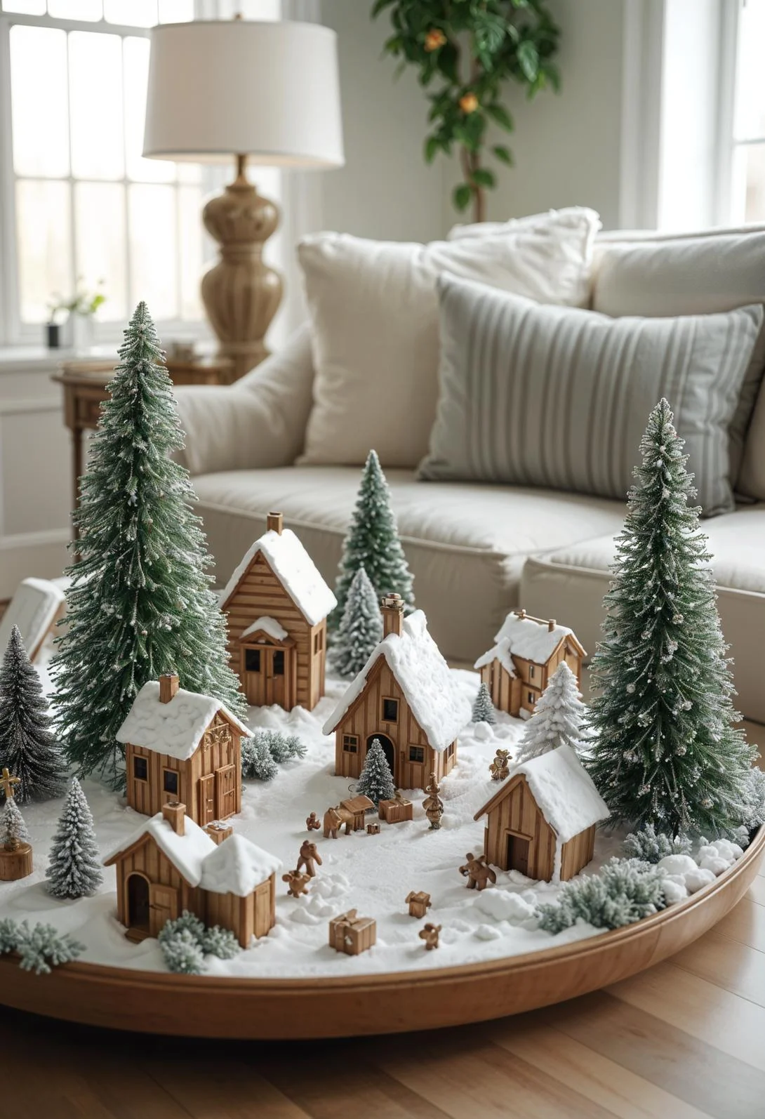 18 Unique Coffee Table Christmas Decor Ideas (EASY) 5 1. Festive Winter Village Tablescapes-1
