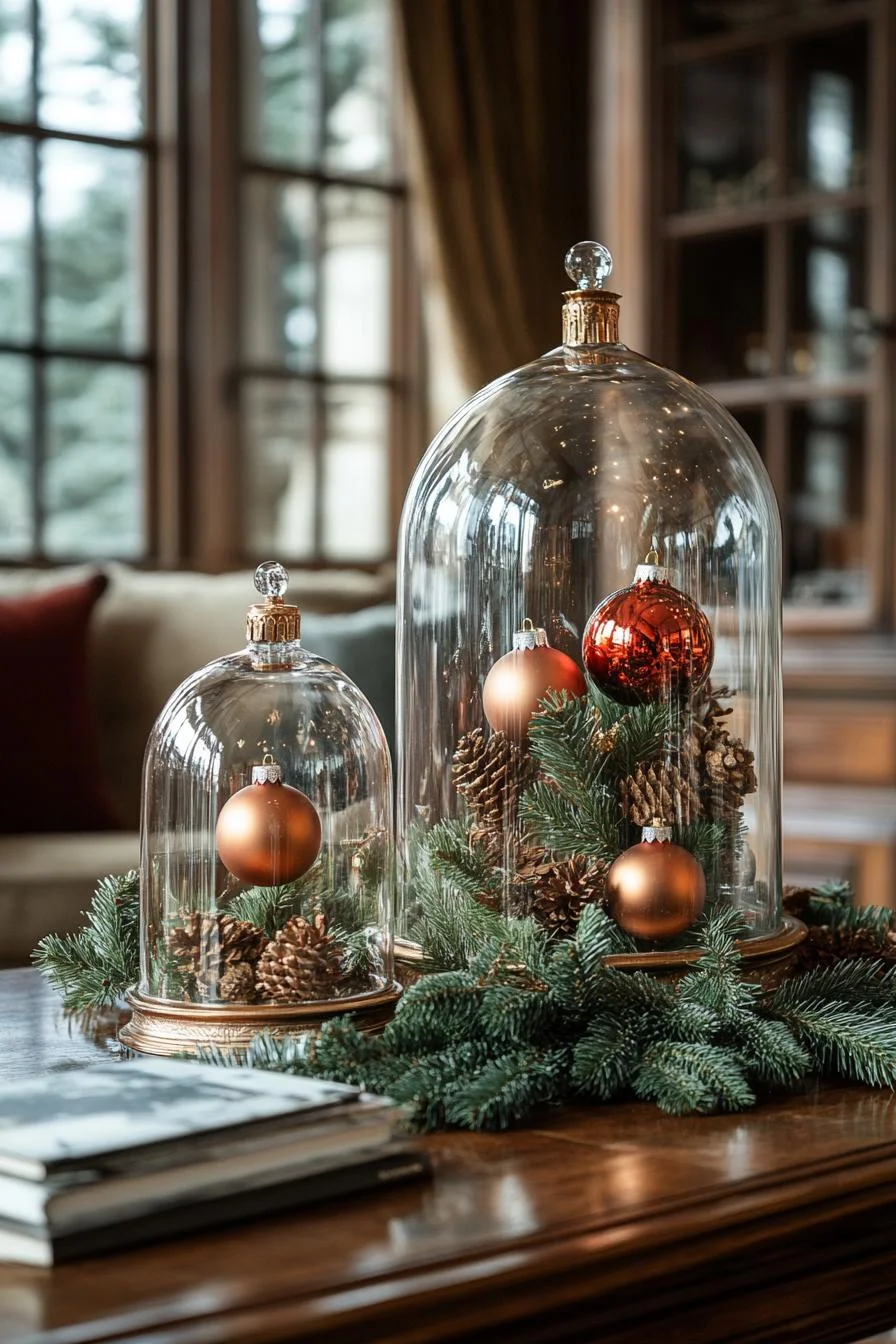 18 Unique Coffee Table Christmas Decor Ideas (EASY) 17 4. Glass Cloche Christmas Centerpieces-2