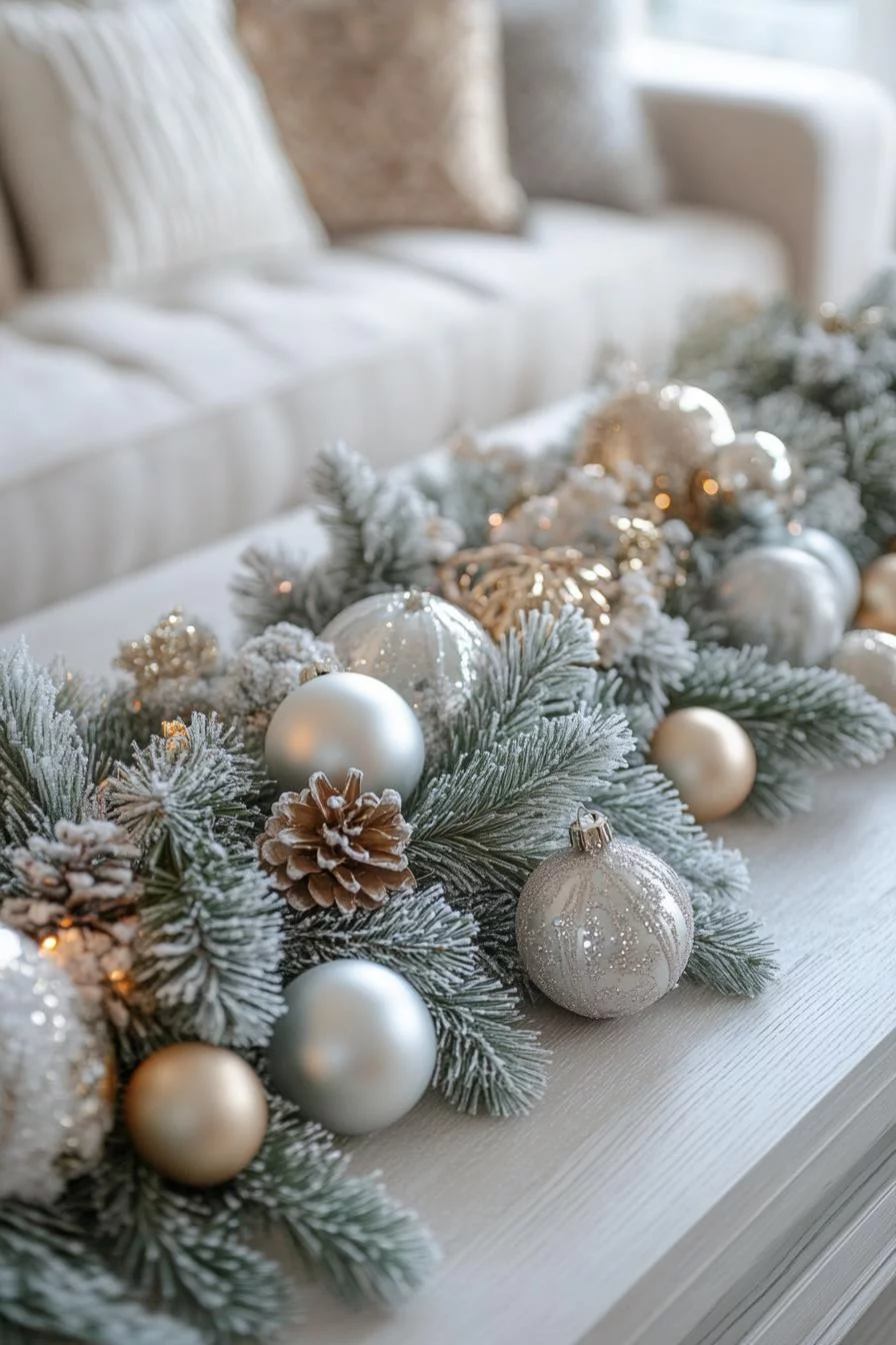 18 Unique Coffee Table Christmas Decor Ideas (EASY) 23 5. Glistening Pine Garlands for Christmas-1