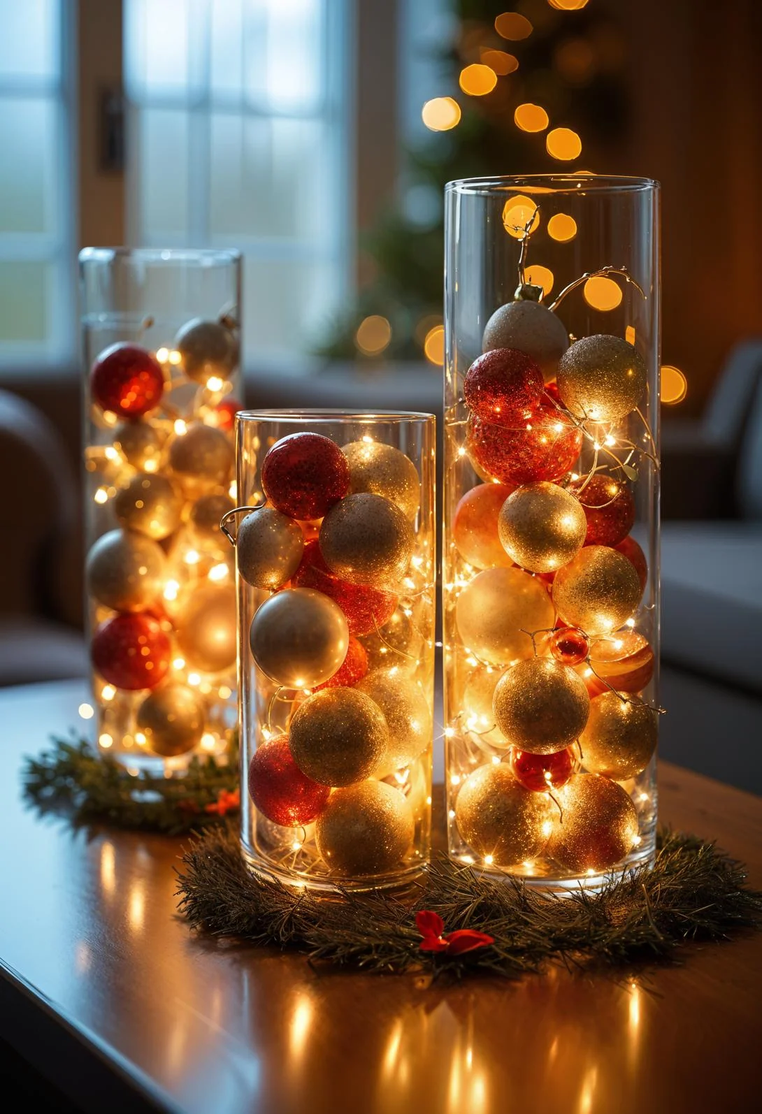 18 Unique Coffee Table Christmas Decor Ideas (EASY) 64 14. Holiday Glass Vase Decor Ideas-1