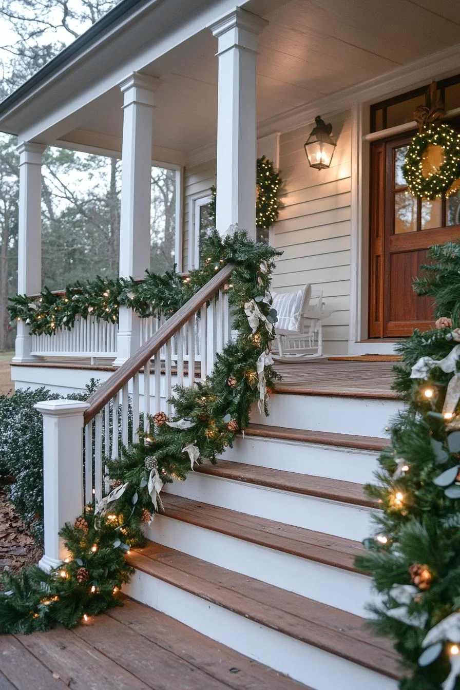 16 Unique Front Porch Christmas Decor Ideas for Holiday Season 53 12. Porch Railing Garland Swags-0