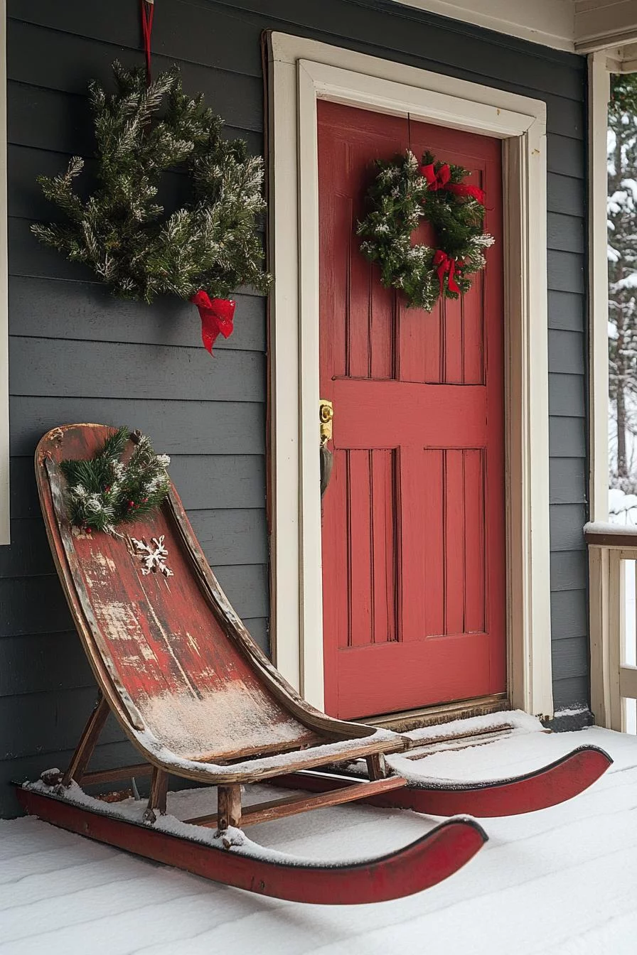 16 Unique Front Porch Christmas Decor Ideas for Holiday Season 34 7. Retro Sled Wall Decor Ideas-1