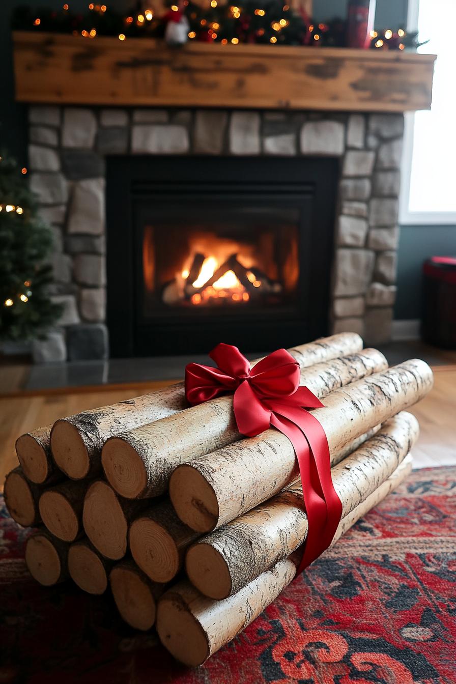 18. Rustic Birch Logs Fireplace Display-2