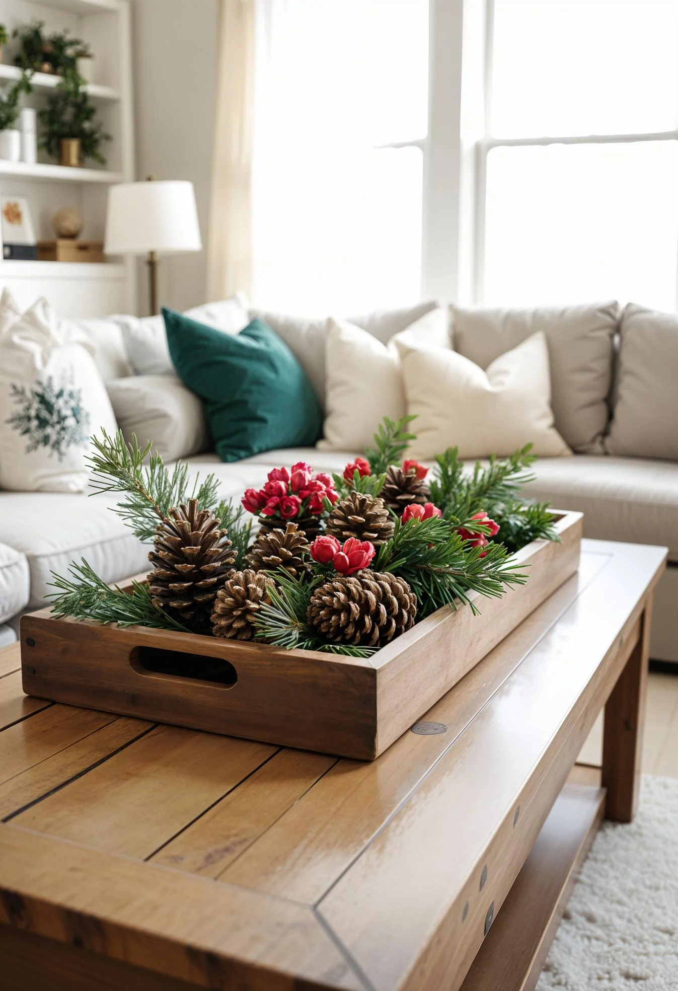 18 Unique Coffee Table Christmas Decor Ideas (EASY) 9 2. Rustic Christmas Table Centerpiece-1