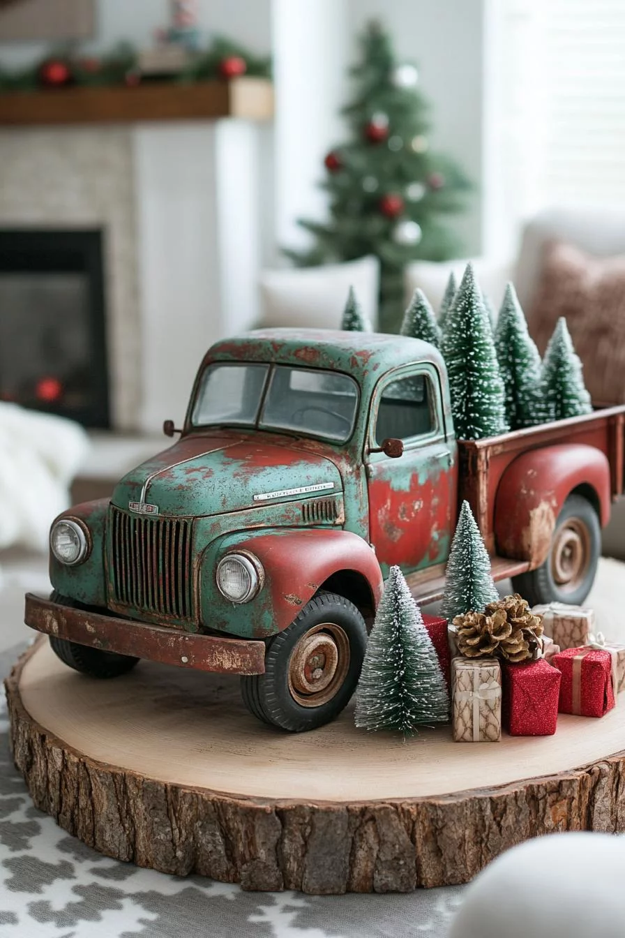 18 Unique Coffee Table Christmas Decor Ideas (EASY) 28 6. Rustic Christmas Truck Decor Ideas-2