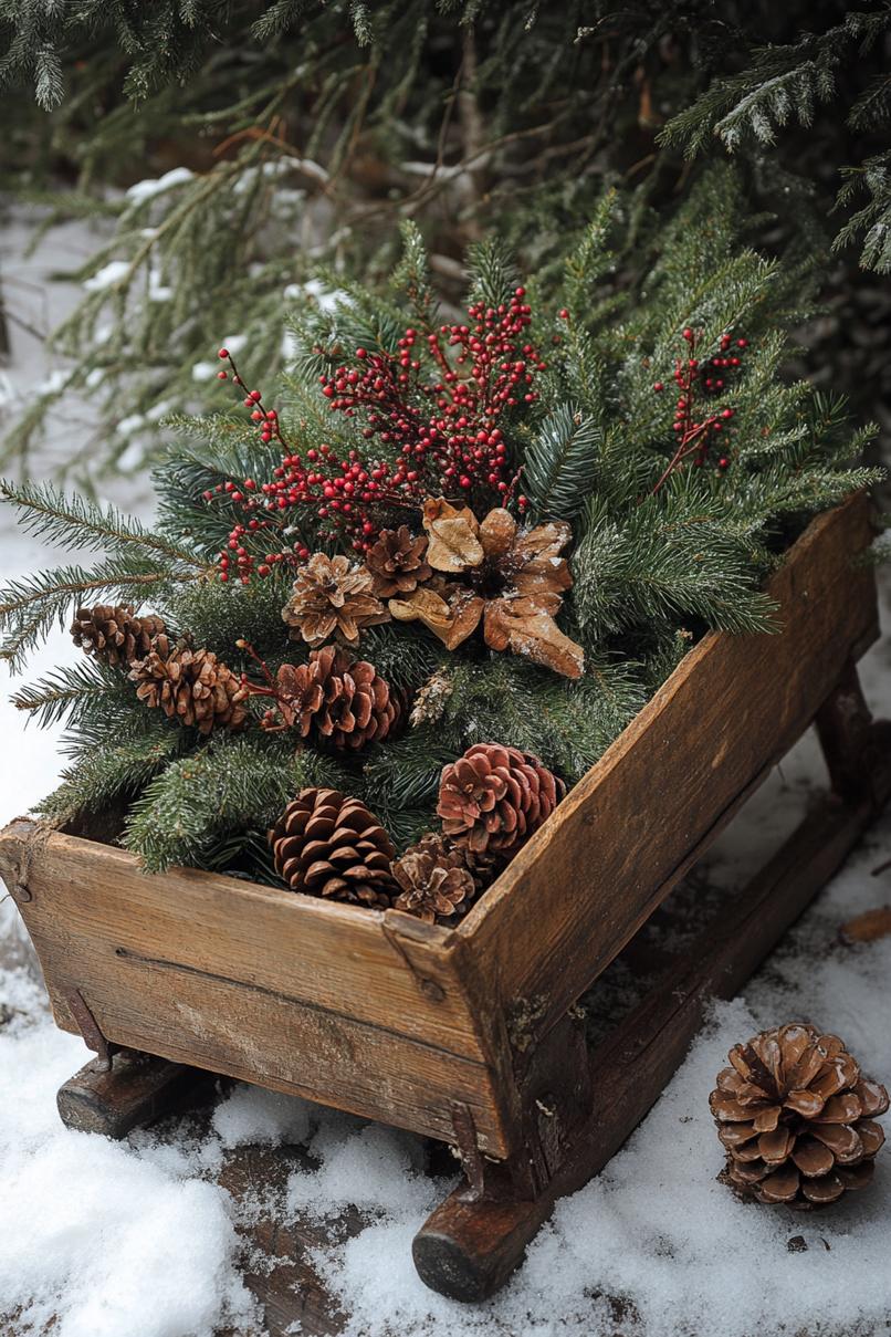 20. Sled with Evergreen and Pinecones-1