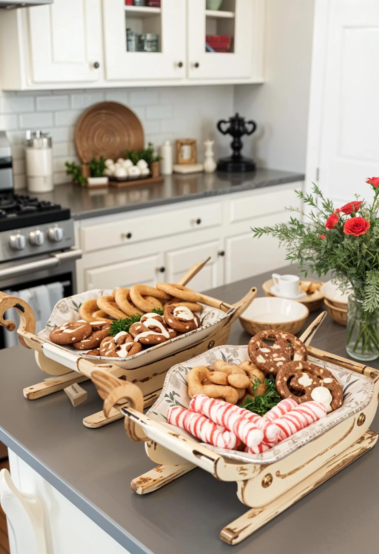 21 Gorgeous Kitchen Christmas Decor Ideas To Copy 38 8. Vintage Sleigh Serving Tray Display-2