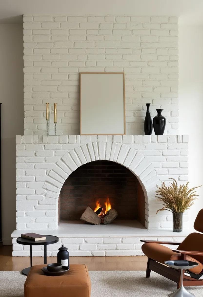 9. Arched white brick fireplace with minimalist mid-century furniture-0