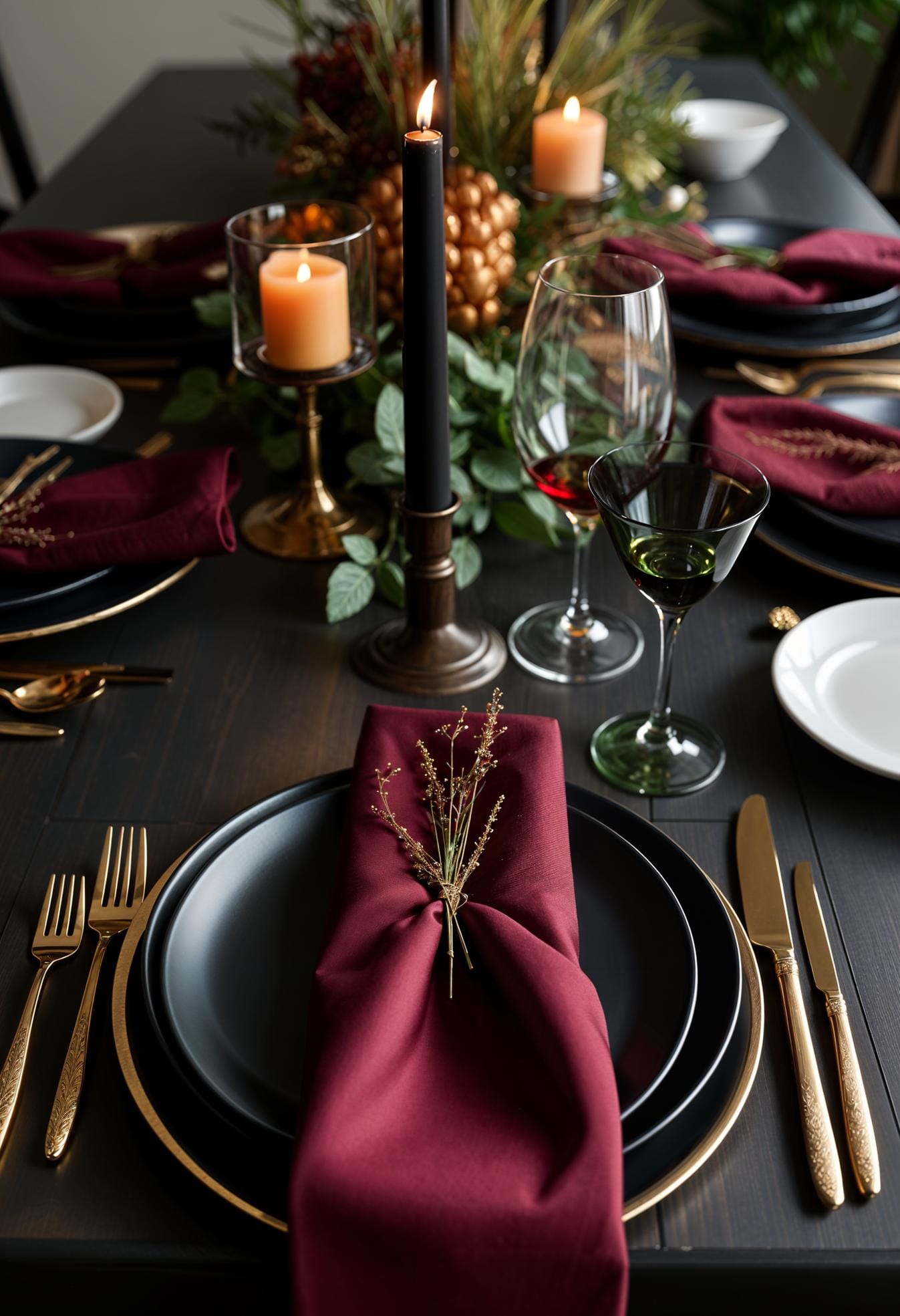 14. Black matte plates with burgundy napkins and brass details-0