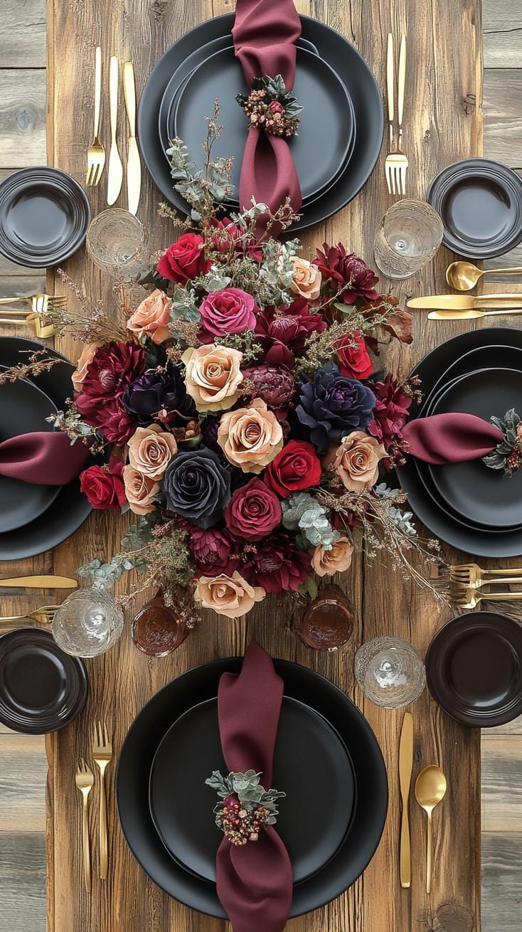 14. Black matte plates with burgundy napkins and brass details-1