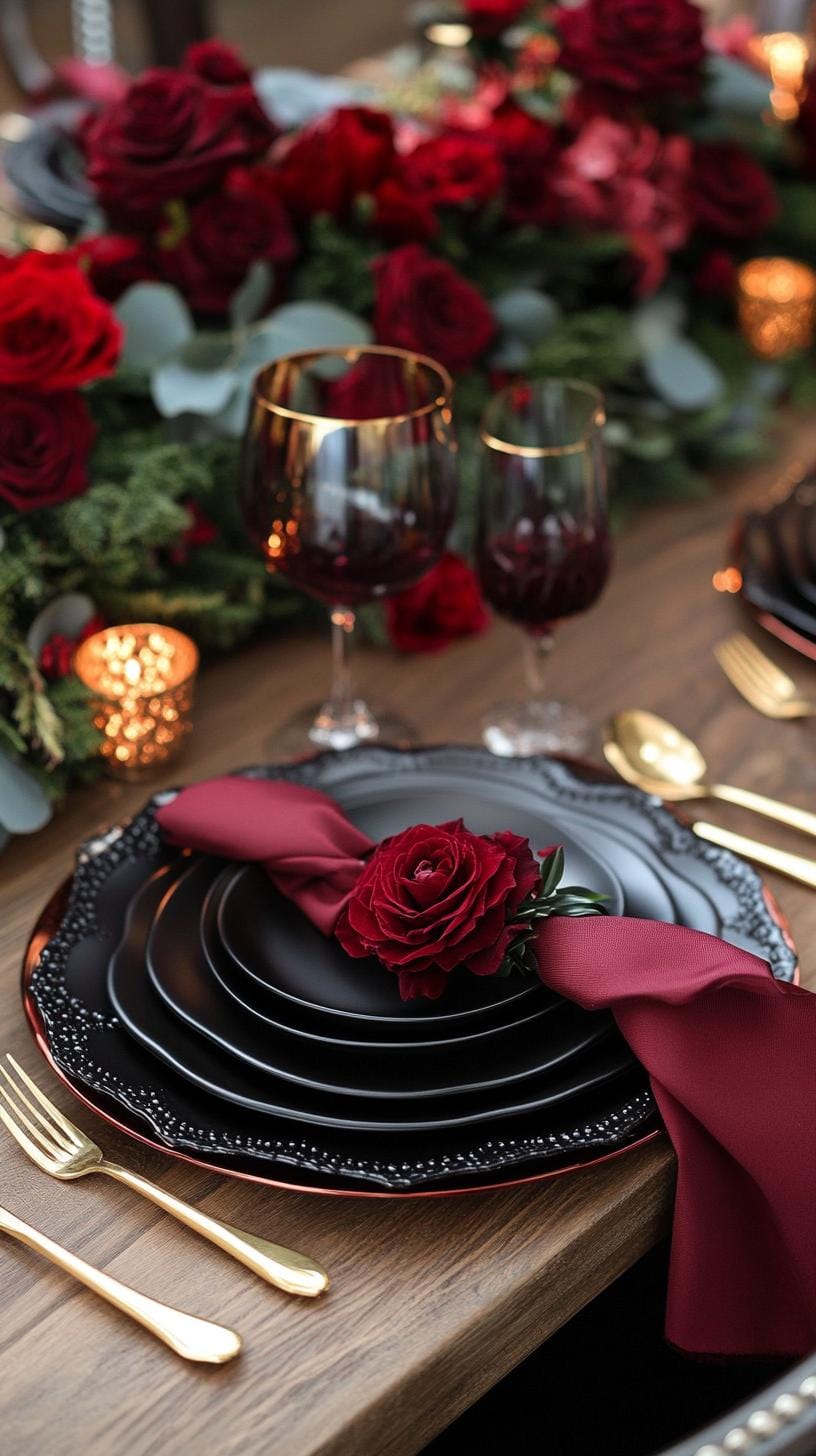 14. Black matte plates with burgundy napkins and brass details-2