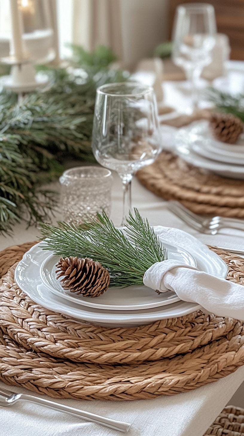 10. Cozy neutral tablescape with woven placemats and pinecones-0