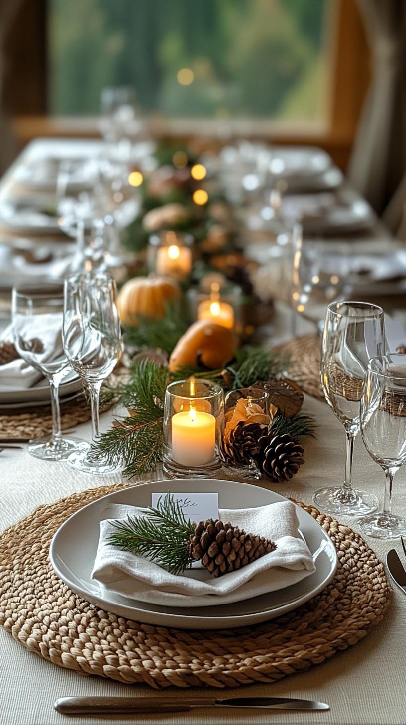 10. Cozy neutral tablescape with woven placemats and pinecones-1