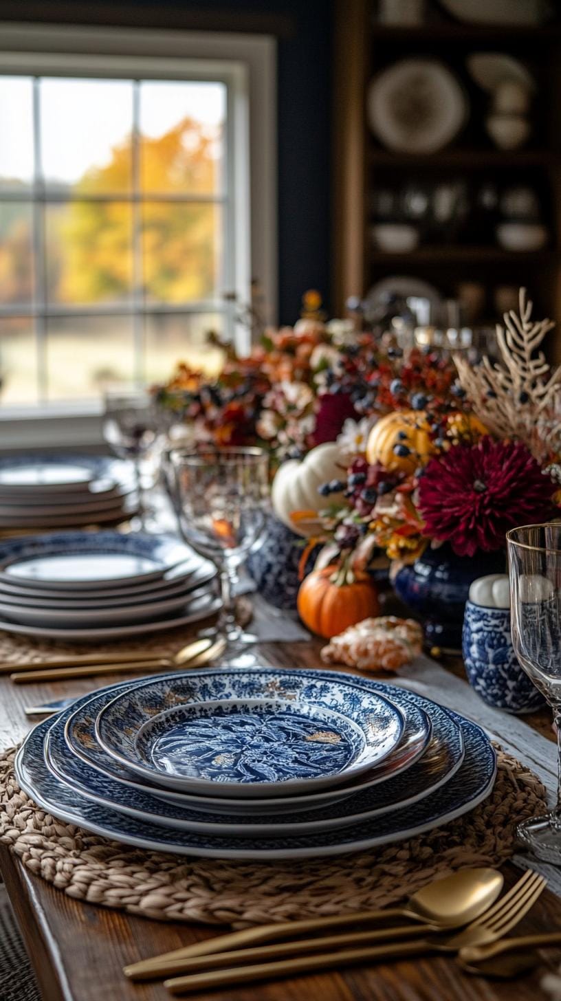 3. Dramatic navy and burgundy settings with gold cutlery accents-0