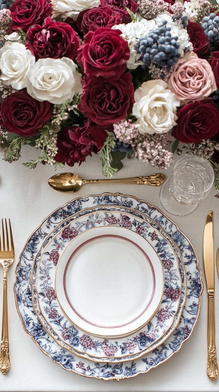 3. Dramatic navy and burgundy settings with gold cutlery accents-1