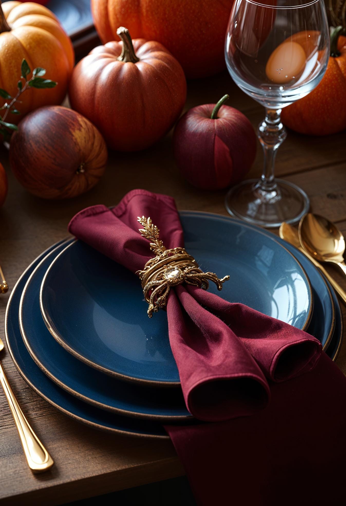 3. Dramatic navy and burgundy settings with gold cutlery accents-2