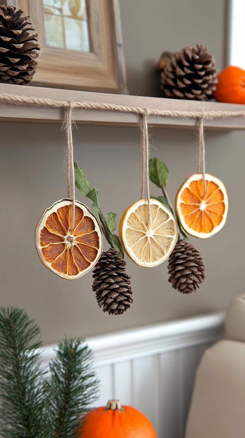 5. Dried citrus slices hanging with pinecones on twine-1