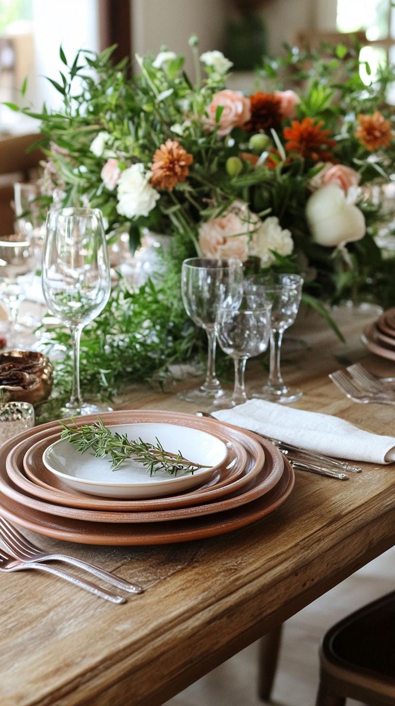 20. Earthy terracotta plates with fresh herb place card settings-0