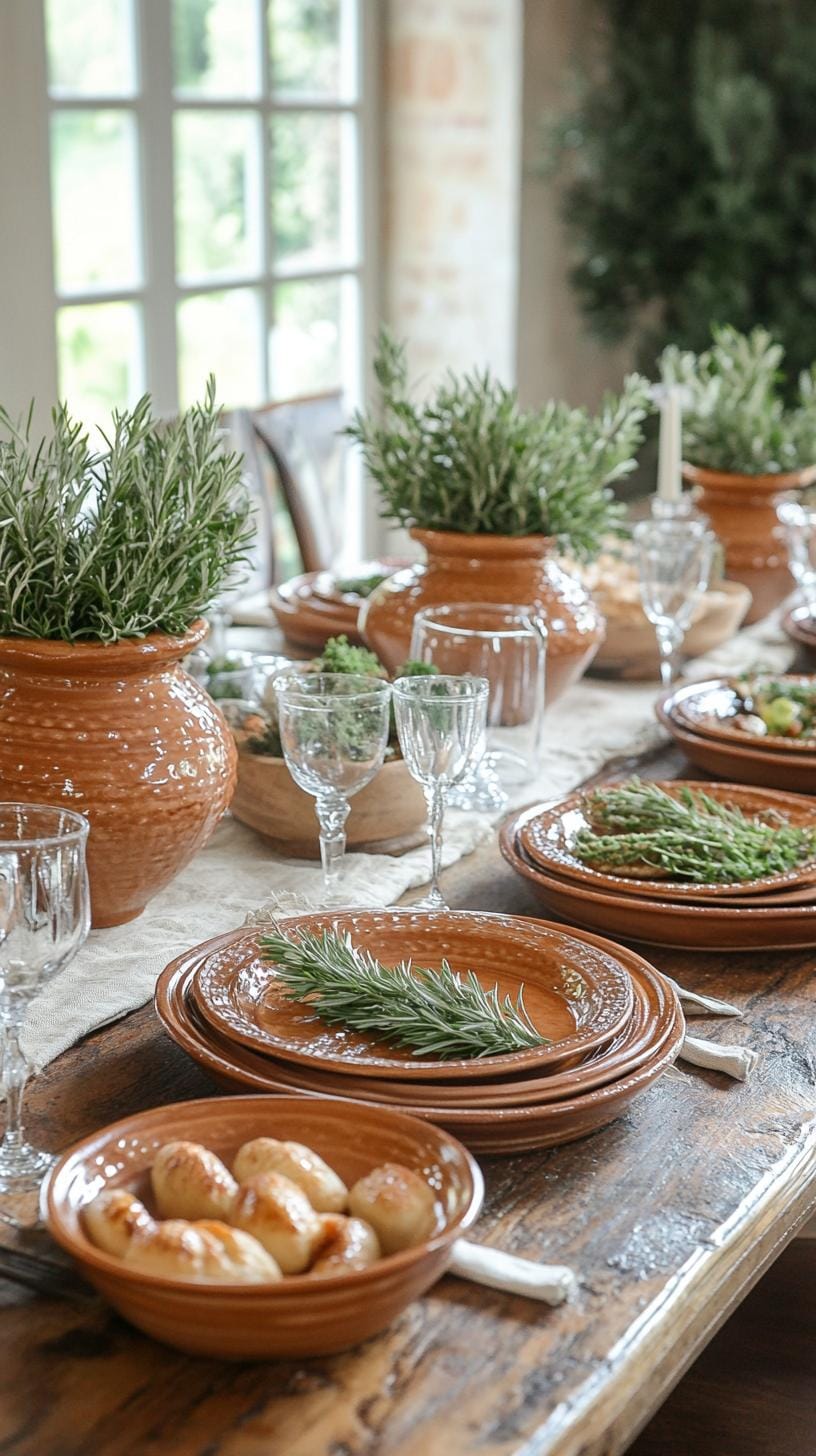 20. Earthy terracotta plates with fresh herb place card settings-1