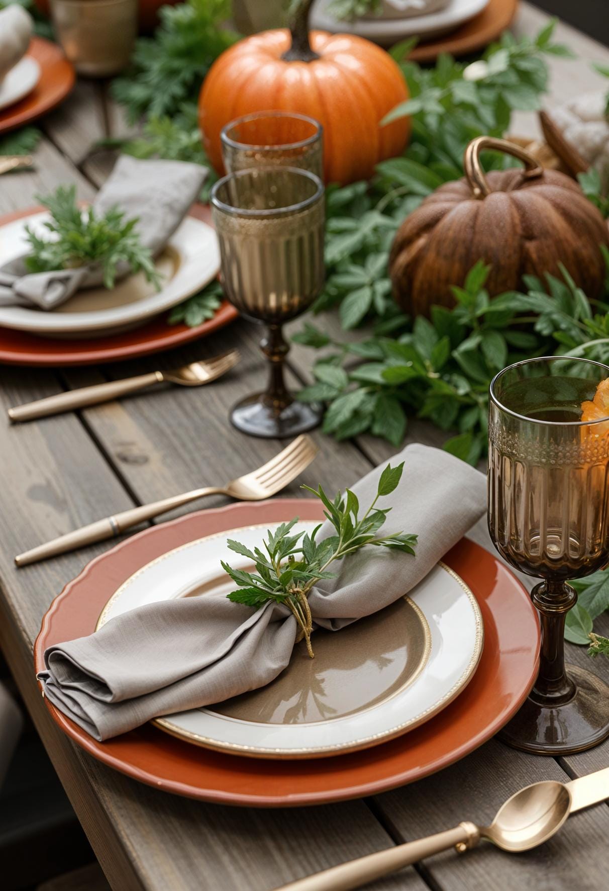 20. Earthy terracotta plates with fresh herb place card settings-2