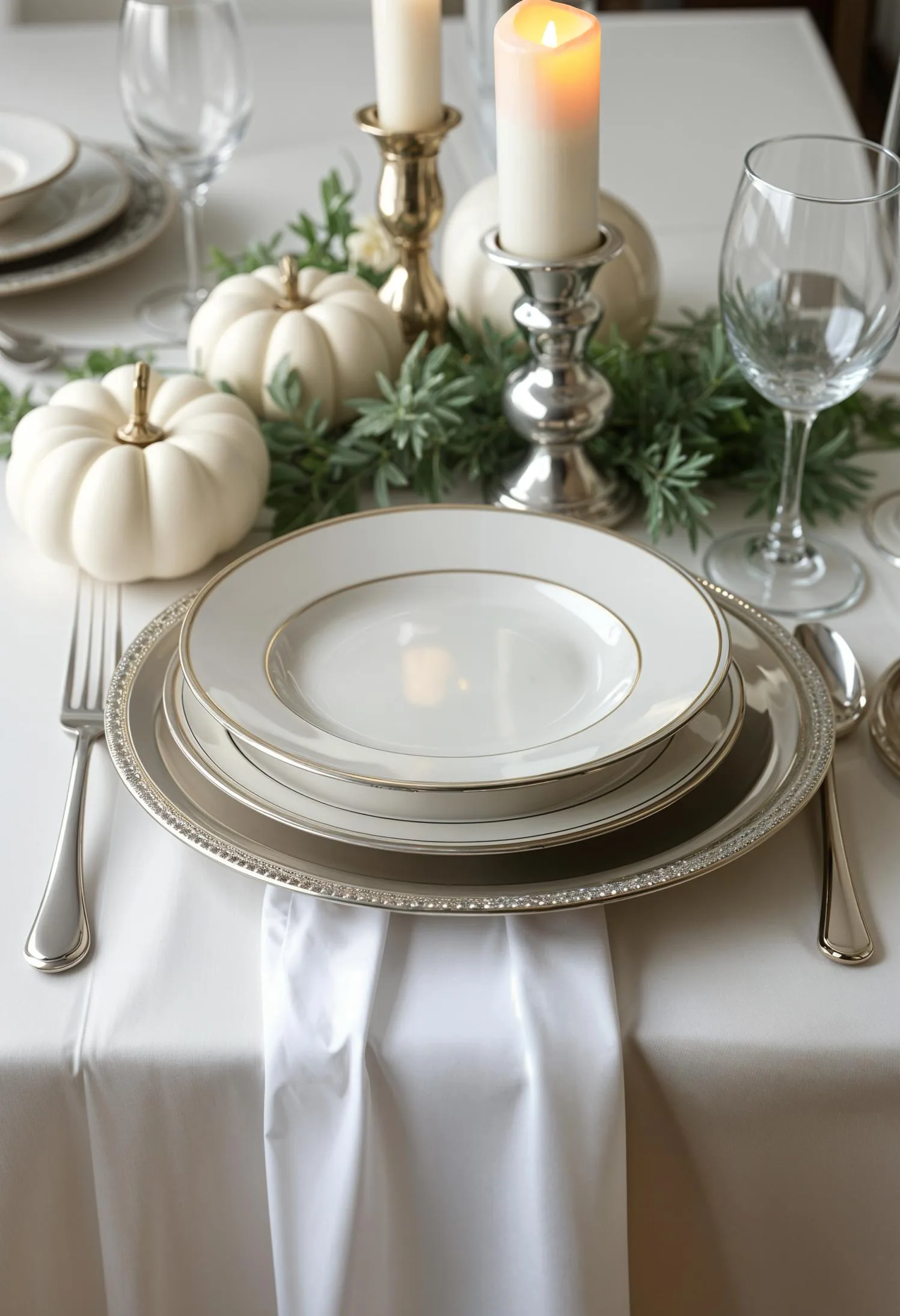 12. Elegant white-on-white with silver candlesticks and greenery-2