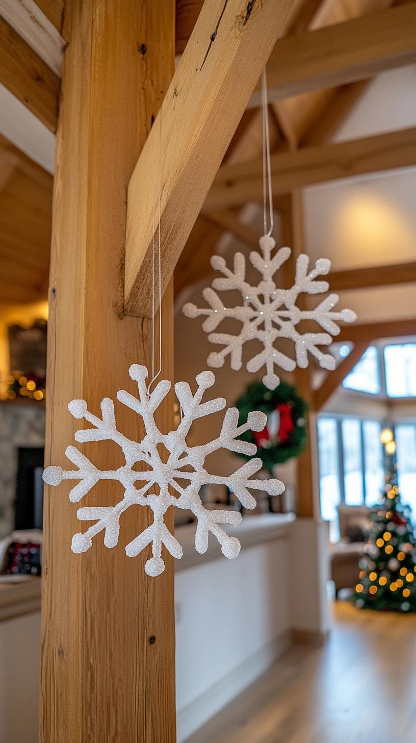 15. Floating snowflake ornaments suspended from exposed beams-0