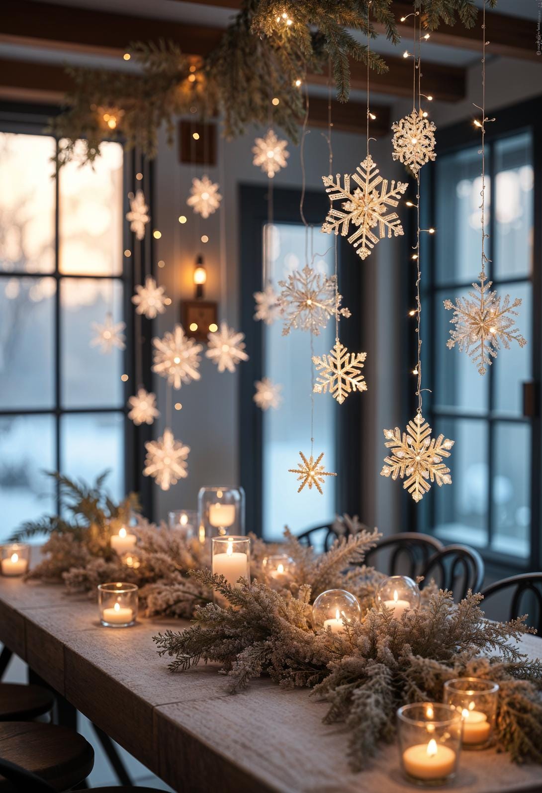 15. Floating snowflake ornaments suspended from exposed beams-1