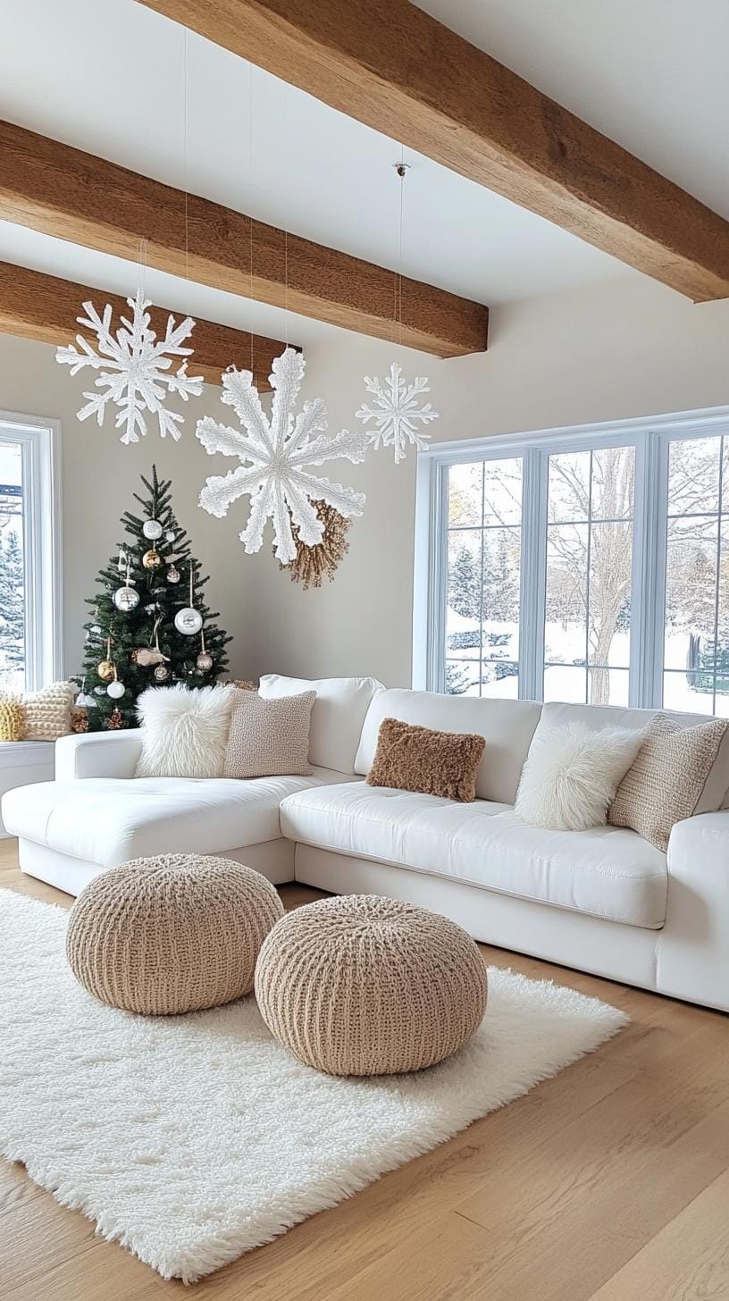 15. Floating snowflake ornaments suspended from exposed beams-2