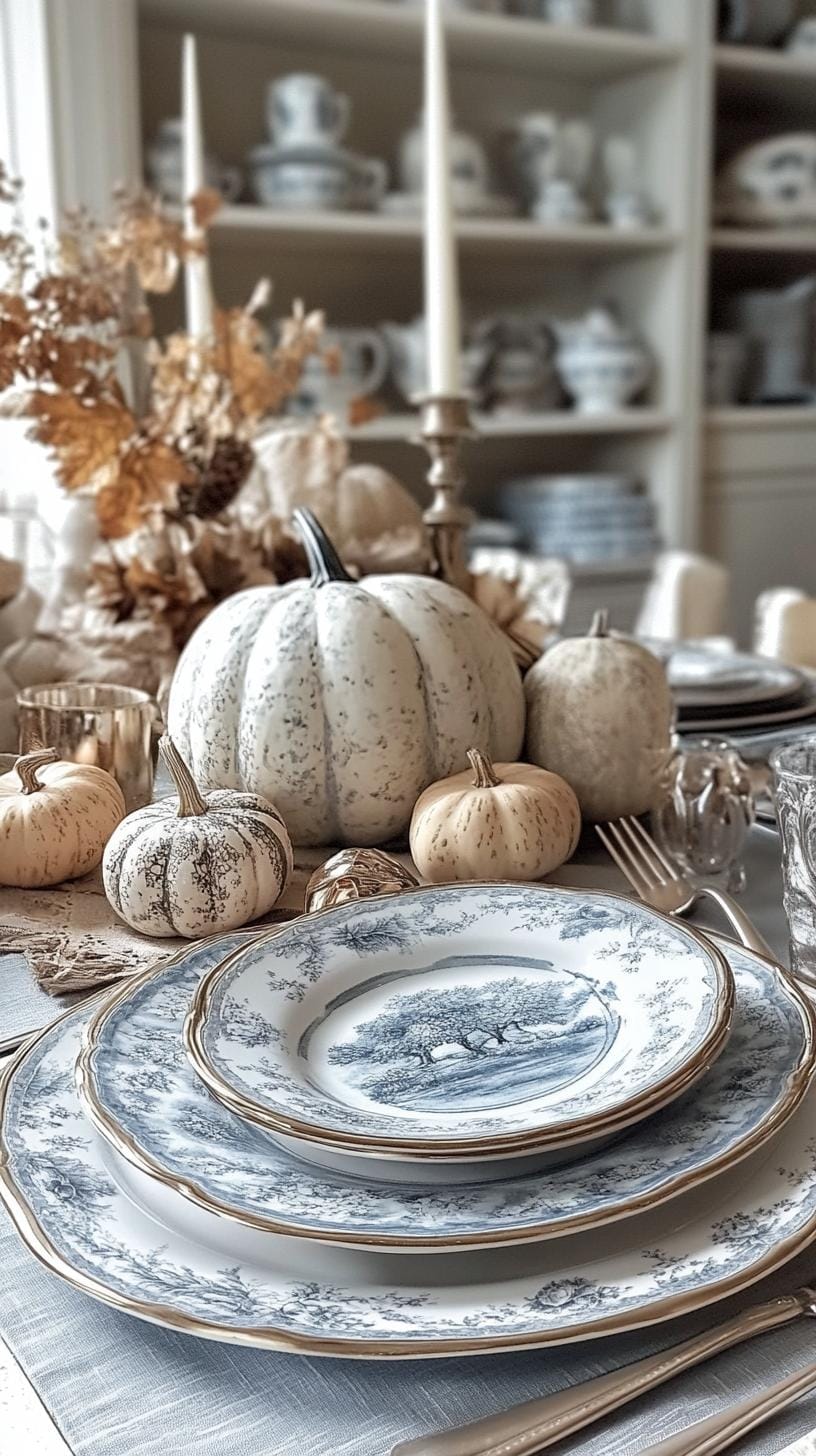 7. French country style with pale blue linens and metallic gourds-1