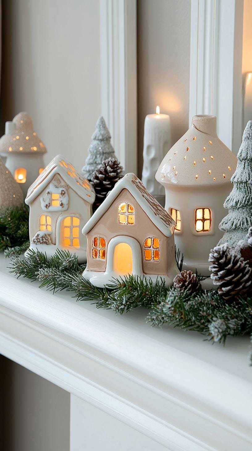 1. Illuminated ceramic house villages with evergreen sprigs and pinecones-0