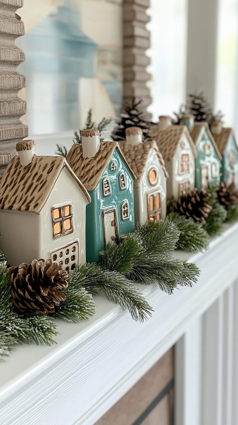 1. Illuminated ceramic house villages with evergreen sprigs and pinecones-1