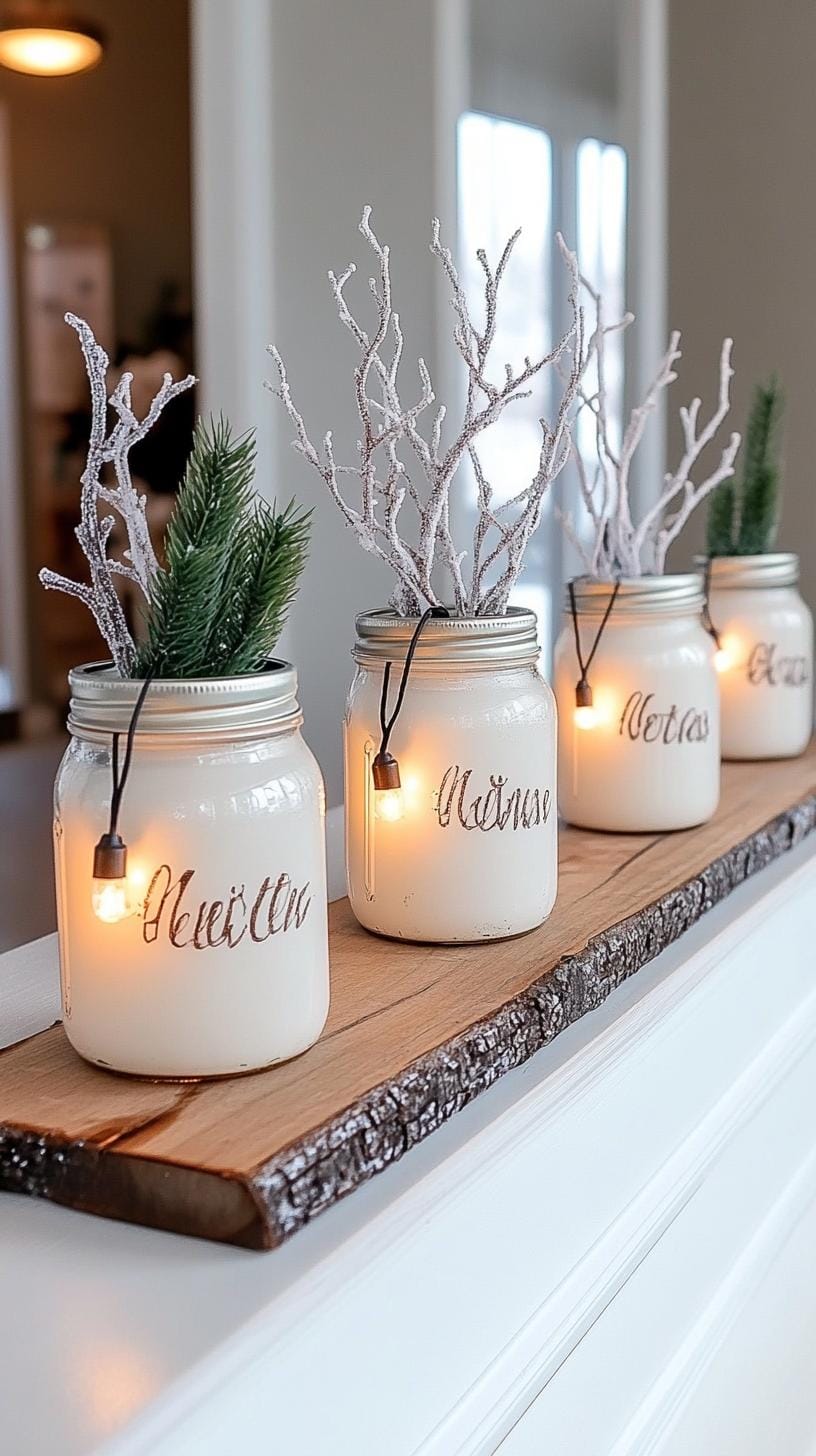 7. Mason jars filled with fairy lights and frosted branches-0