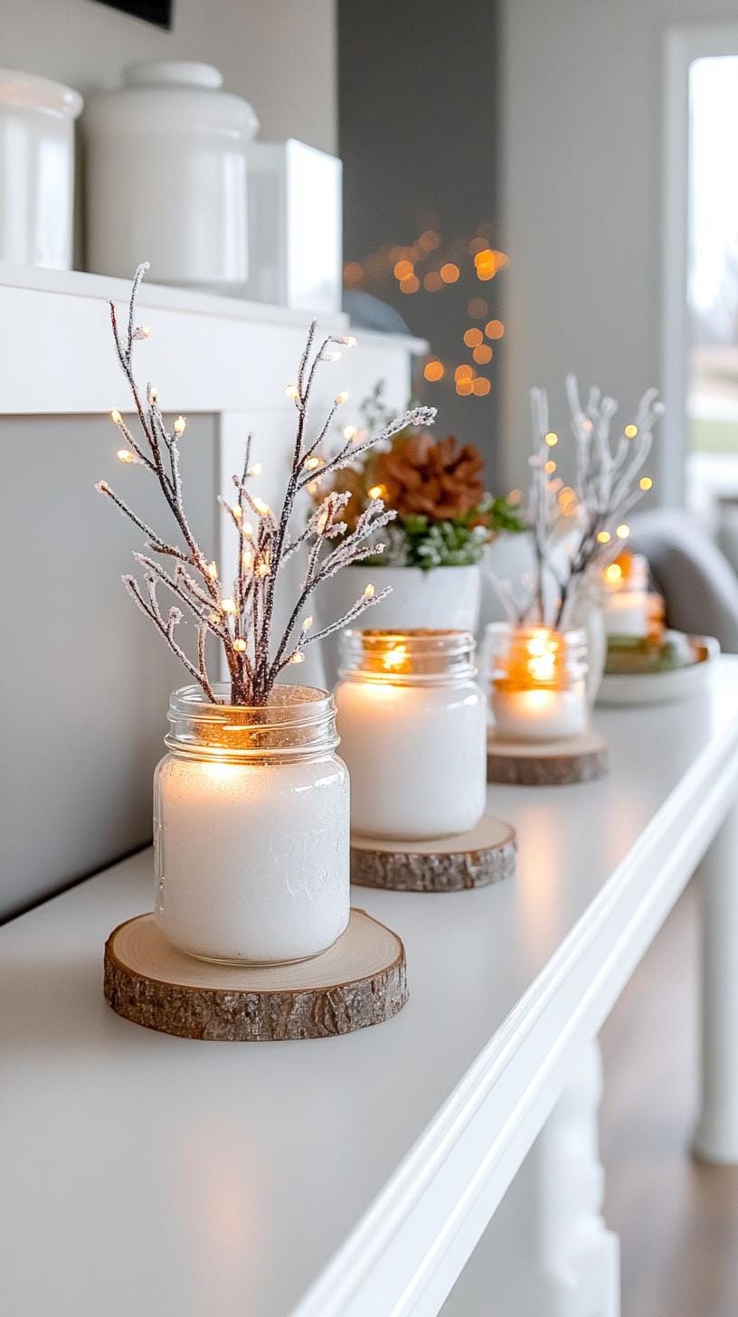 7. Mason jars filled with fairy lights and frosted branches-1