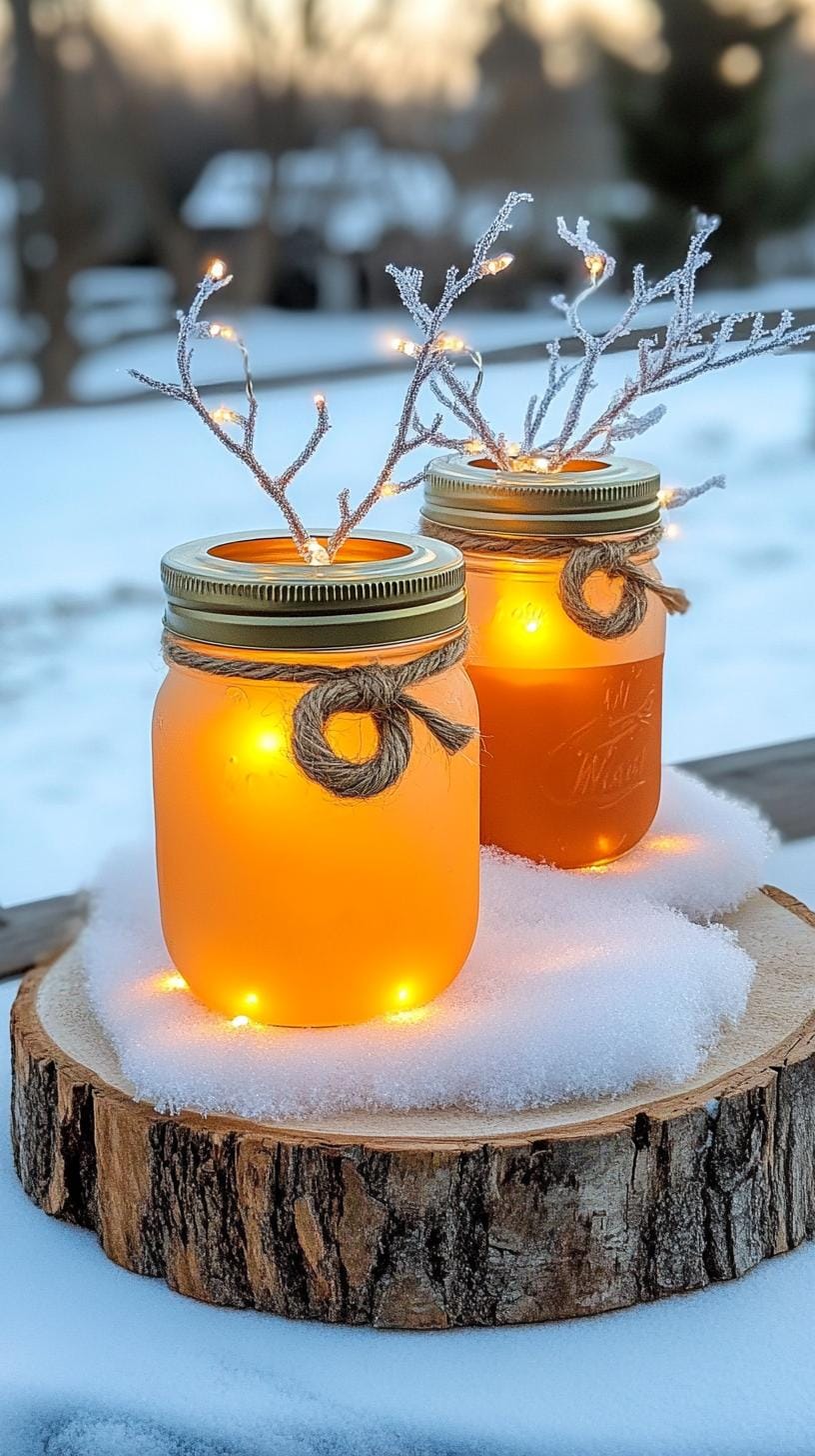 7. Mason jars filled with fairy lights and frosted branches-2