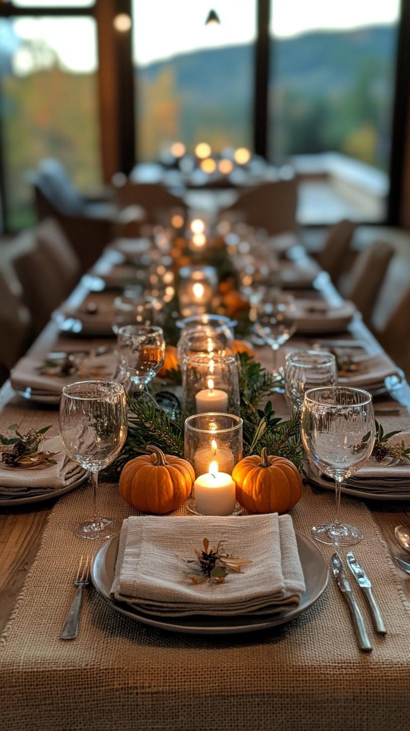 1. Mini pumpkin runner with scattered tea lights on burlap tablecloth-0