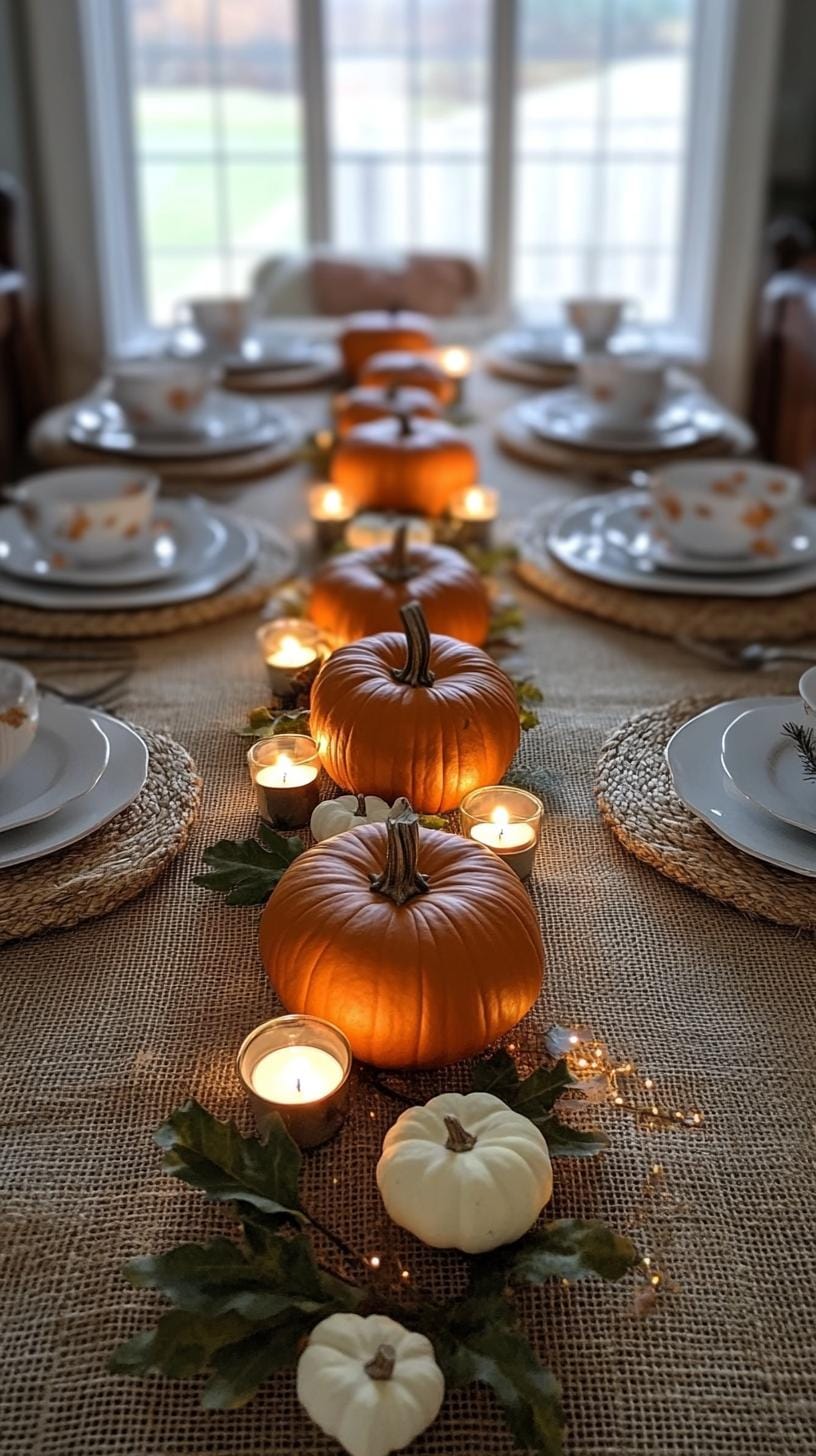 1. Mini pumpkin runner with scattered tea lights on burlap tablecloth-1