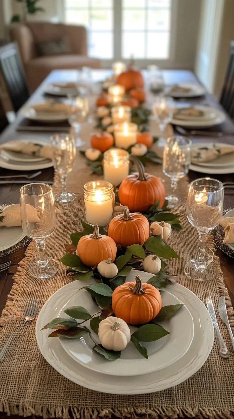 1. Mini pumpkin runner with scattered tea lights on burlap tablecloth-2
