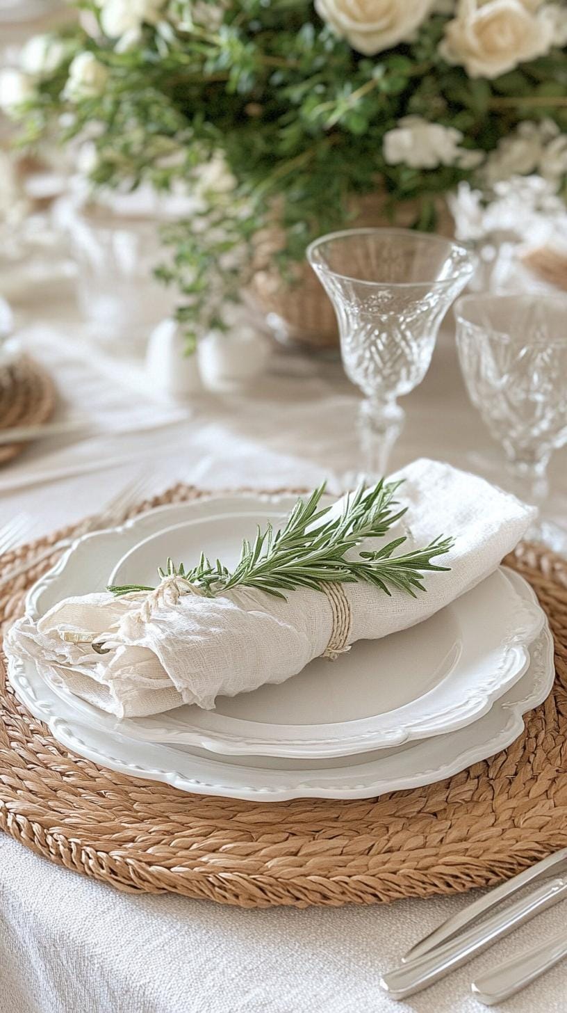 9. Minimalist white settings with sage green botanical accents-0