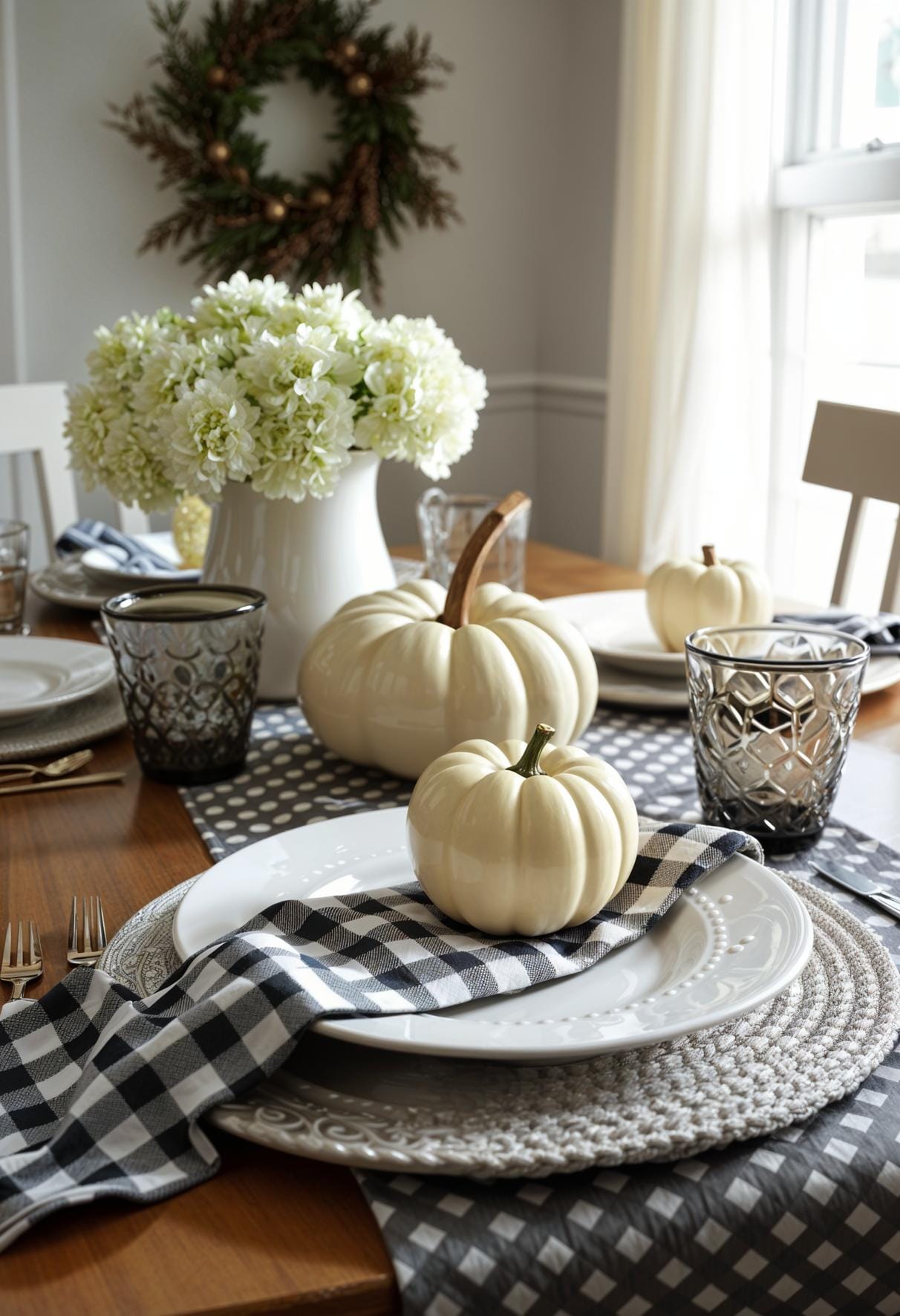 6. Modern farmhouse setting with buffalo check and cream pumpkins-0