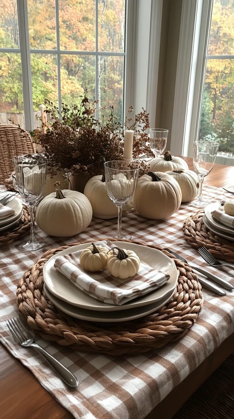 6. Modern farmhouse setting with buffalo check and cream pumpkins-2