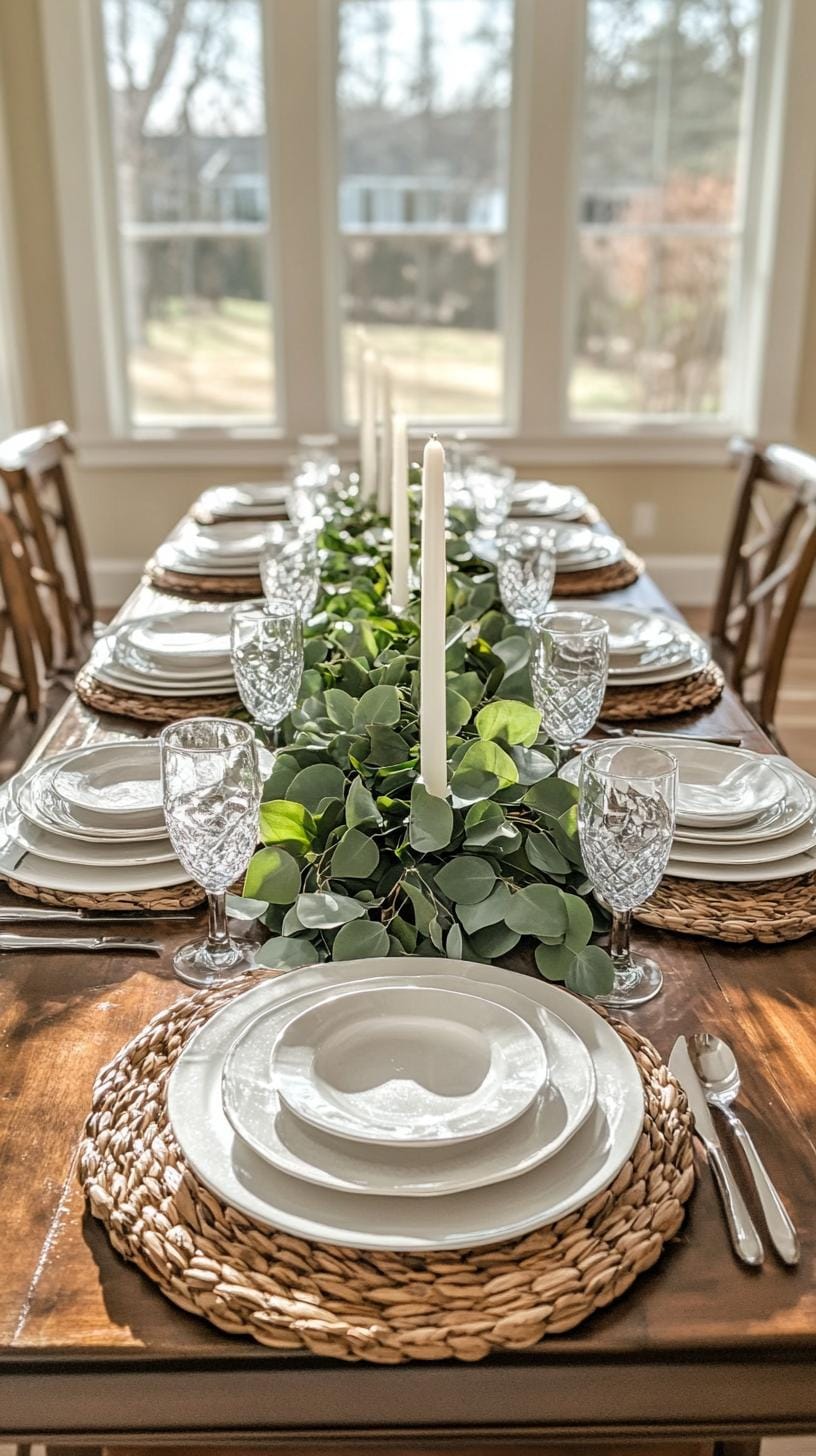 4. Natural eucalyptus garland centerpiece with white taper candles-0