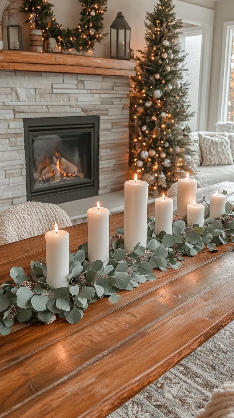 4. Natural eucalyptus garland centerpiece with white taper candles-1