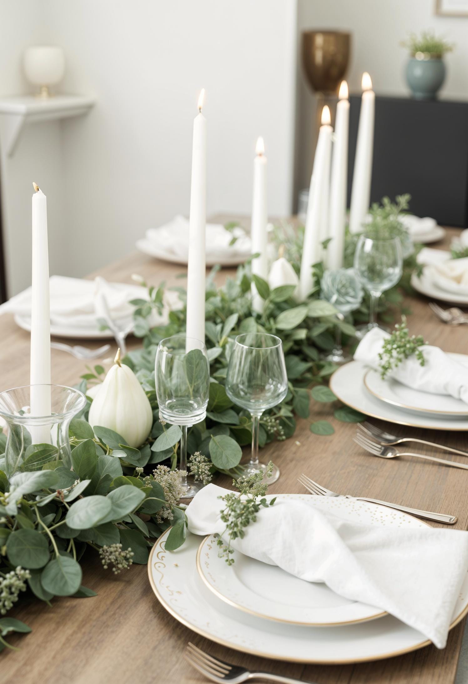 4. Natural eucalyptus garland centerpiece with white taper candles-2