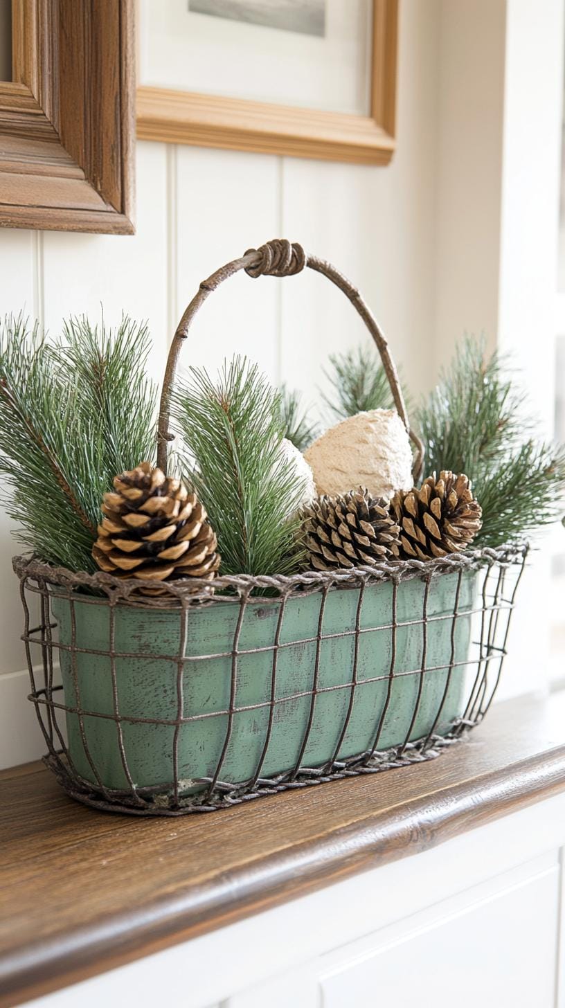 4. Natural pinecone clusters displayed in vintage wire baskets-0