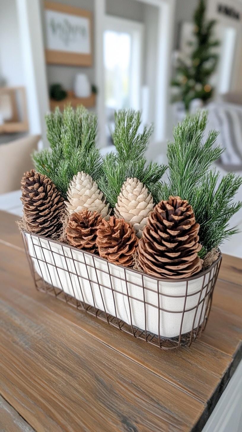 4. Natural pinecone clusters displayed in vintage wire baskets-1